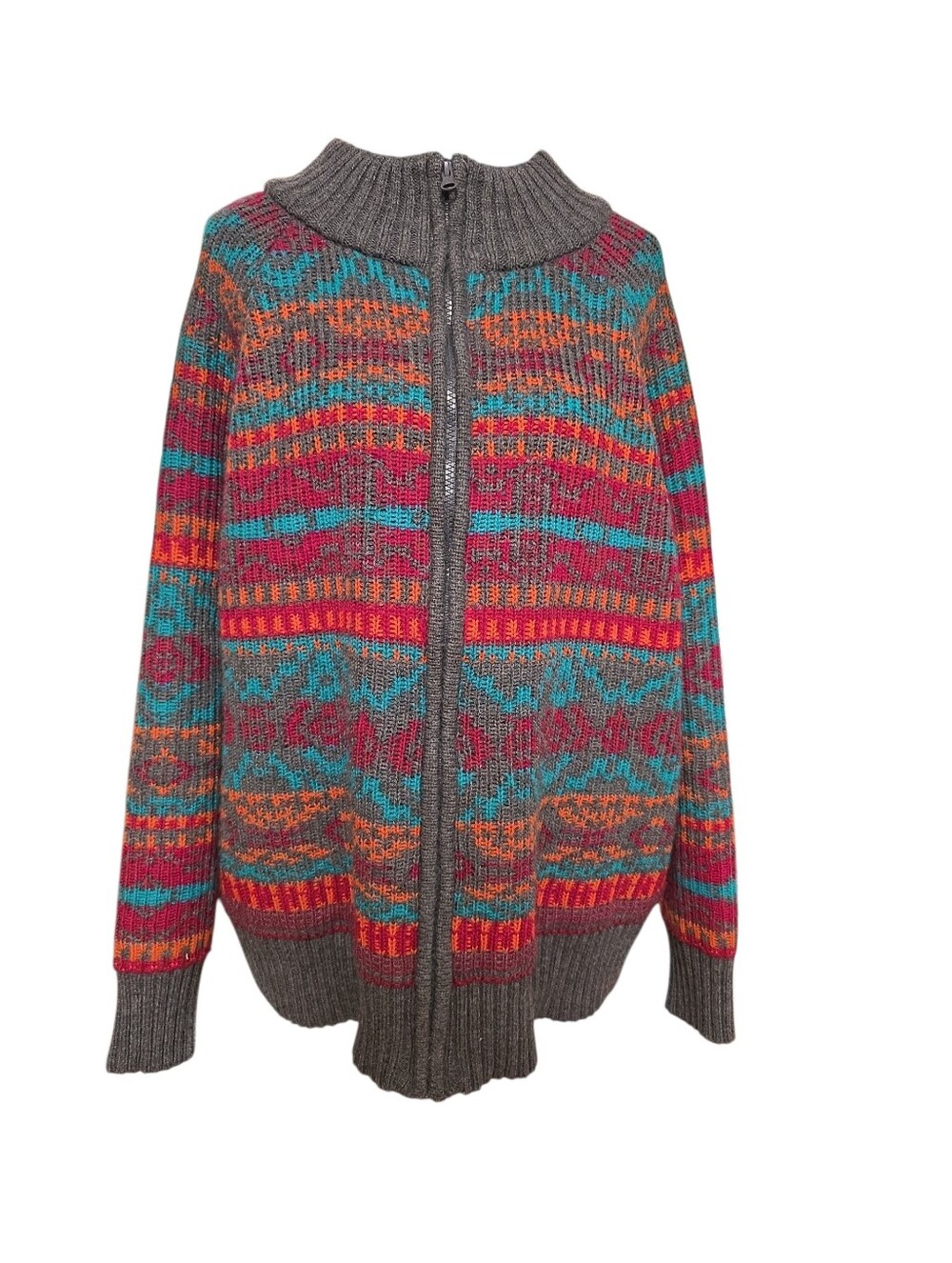 NorthStyle Boho Cabincore Zip-Up Knit Cardigan in Gray, Teal & Magenta 1X